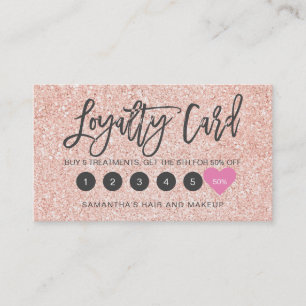 Rose Gold glitter script makeup hair pink heart Loyalty Card