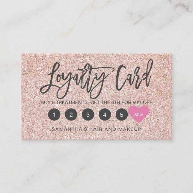 Rose Gold glitter script makeup hair pink heart Loyalty Card (Front)