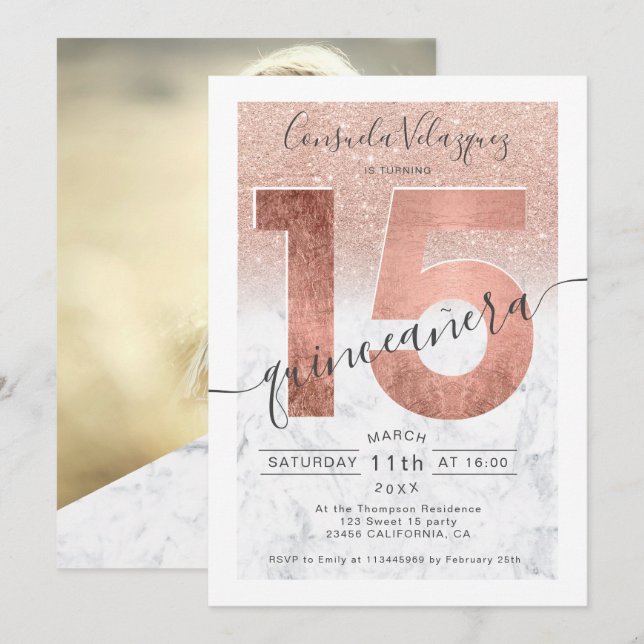 Rose gold glitter script marble quinceanera photo invitation (Front/Back)