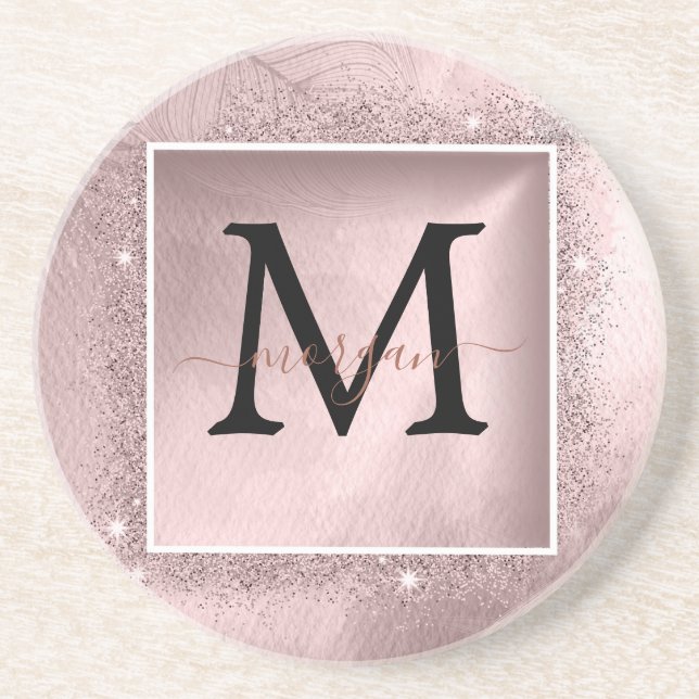 Rose Gold Glitter Script Monogram Coaster (Front)