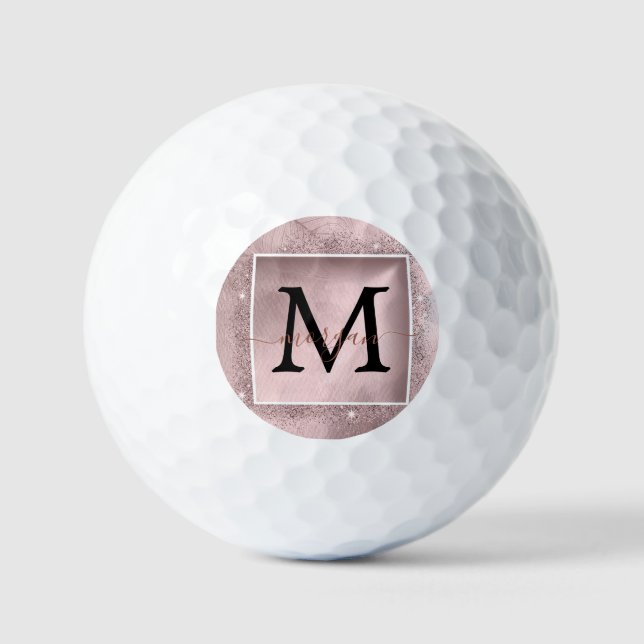 Rose Gold Glitter Script Monogram Golf Balls (Front)