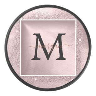 Rose Gold Glitter Script Monogram Hockey Puck