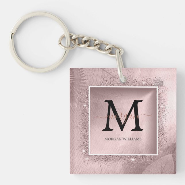 Rose Gold Glitter Script Monogram Key Ring (Front)