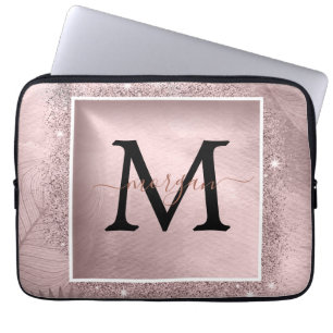 Rose Gold Glitter Script Monogram Laptop Sleeve