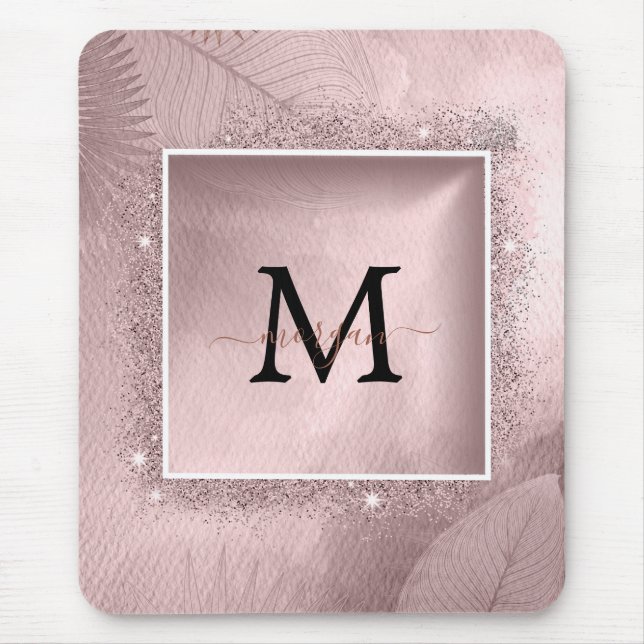 Rose Gold Glitter Script Monogram Mouse Mat (Front)