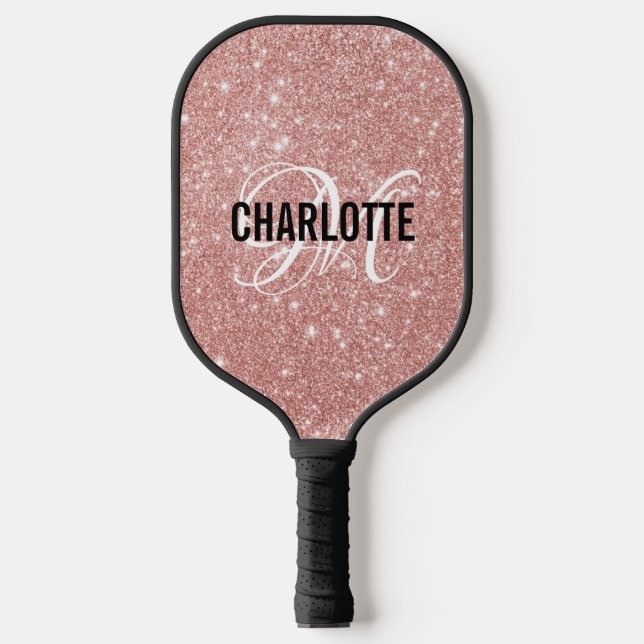 Rose gold glitter script monogram name pickleball paddle (Front)