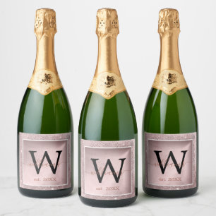 Rose Gold Glitter Script Monogram Sparkling Wine Label
