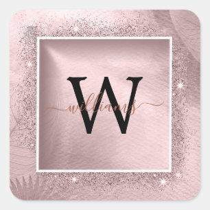 Rose Gold Glitter Script Monogram Square Sticker