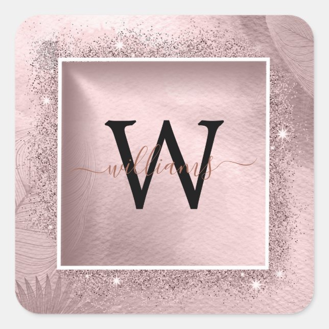 Rose Gold Glitter Script Monogram Square Sticker (Front)