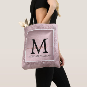Rose Gold Glitter Script Monogram Tote Bag