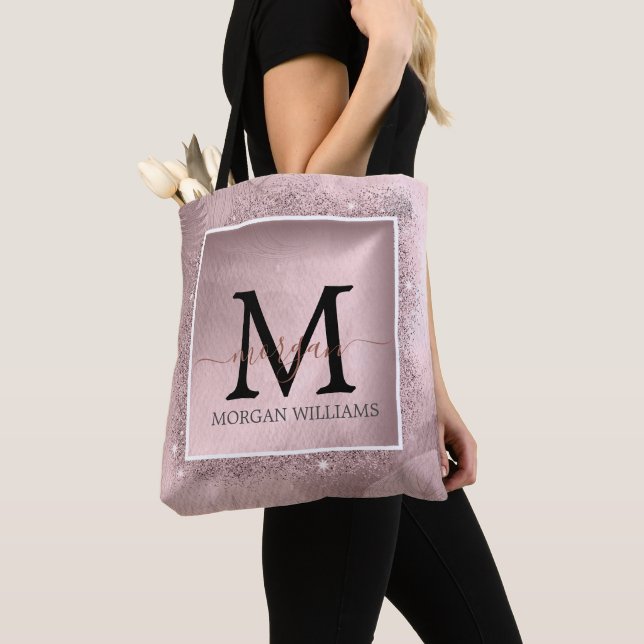 Rose Gold Glitter Script Monogram  Tote Bag (Close Up)
