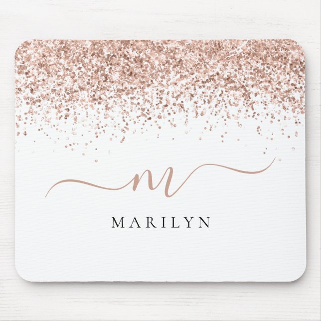 Rose Gold Glitter Script Name Monogram Initial Mouse Mat (Front)
