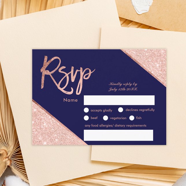 Rose gold glitter script navy blue rsvp wedding  (Creator Uploaded)