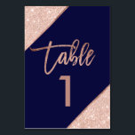 Rose gold glitter script navy blue table number<br><div class="desc">rose Gold typography on customisable navy blue rose gold glitter colour block,  and faux rose gold geometric stripes chic table number wedding ,  perfect for elegant,  beach wedding, </div>