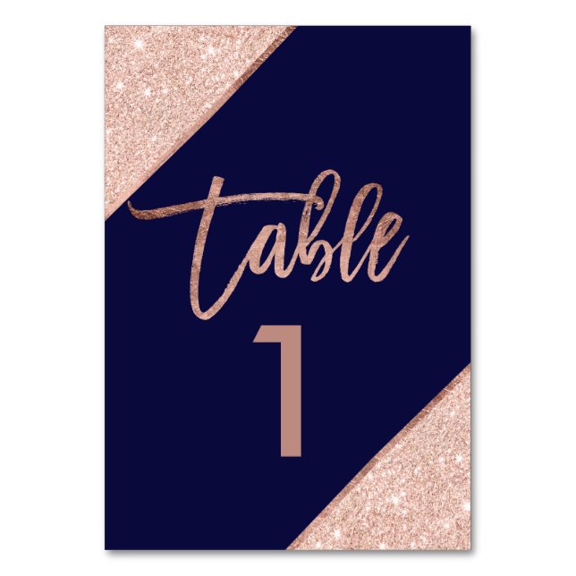 Rose gold glitter script navy blue table number (Front)