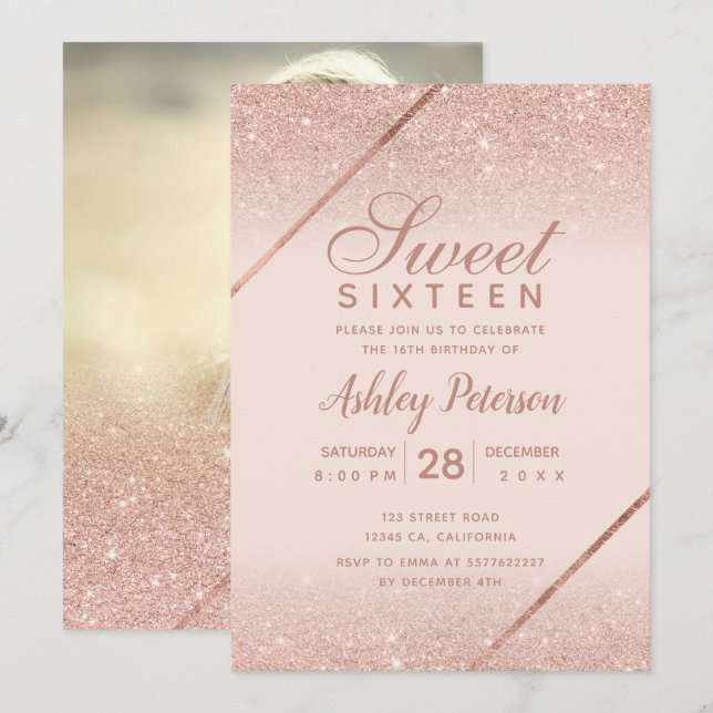 Rose gold glitter script photo blush pink Sweet 16 Invitation (Front/Back)