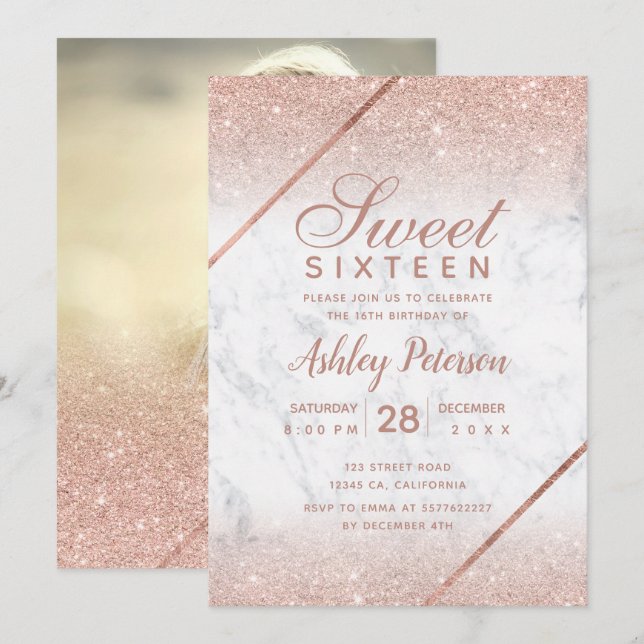 Rose gold glitter script photo marble Sweet 16 Invitation (Front/Back)