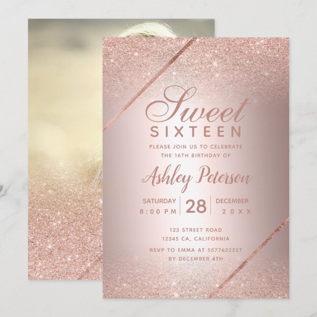 Rose gold glitter script photo metallic Sweet 16 Invitation (Front/Back)