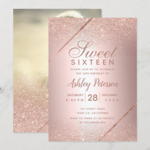 Rose gold glitter script photo metallic Sweet 16 Invitation