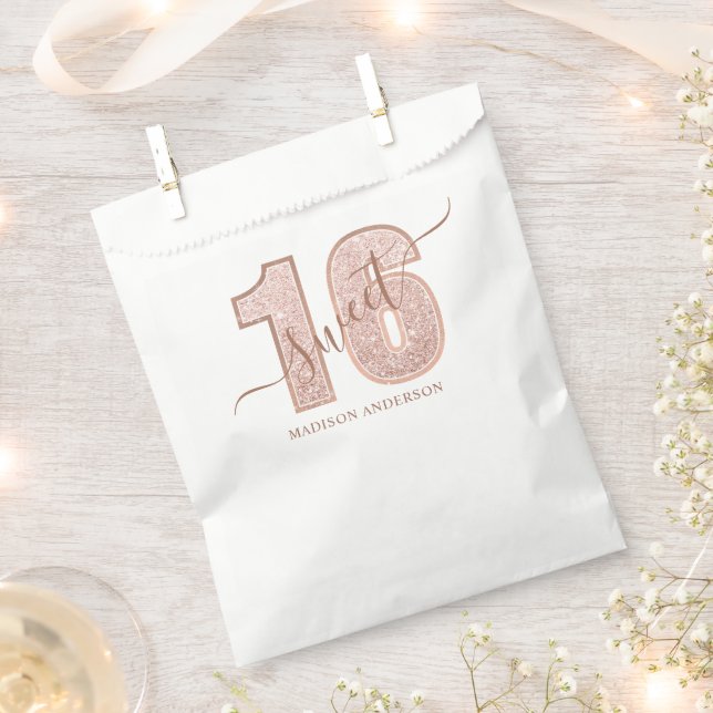Rose Gold Glitter Script Sweet 16 Birthday Favour Bags (Clipped)