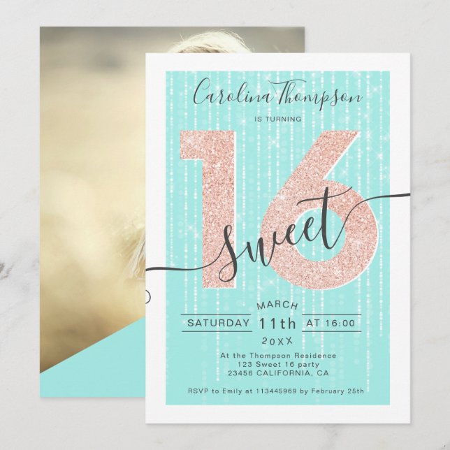 Rose gold glitter script teal light Sweet 16 photo Invitation (Front/Back)