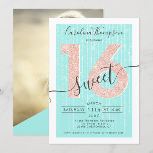Rose gold glitter script teal light Sweet 16 photo Invitation