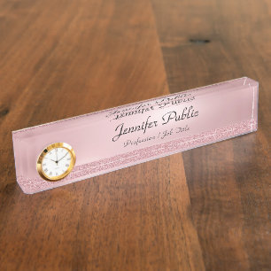 Rose Gold Glitter Script Template With Clock Nameplate