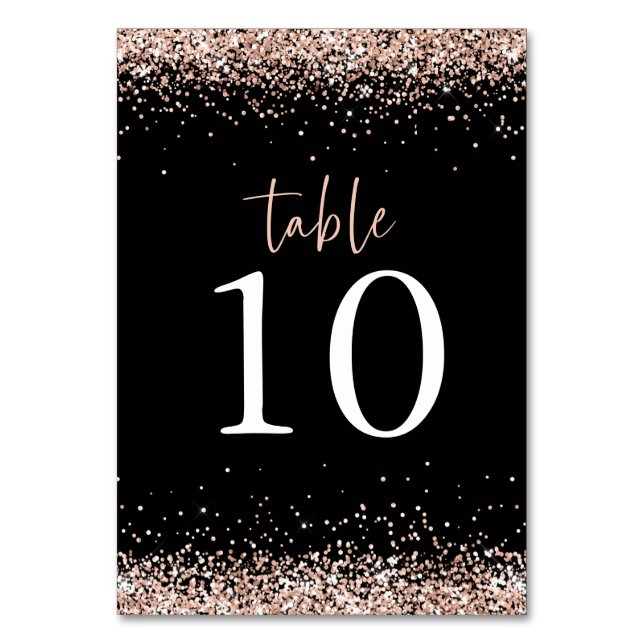 Rose Gold Glitter Script Wedding Black Table Number (Front)