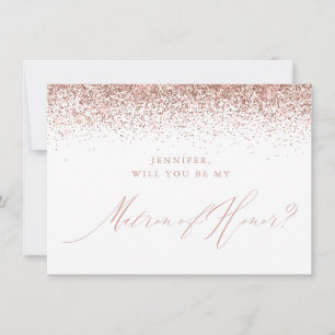 Rose Gold Glitter Script White Matron of Honour Invitation