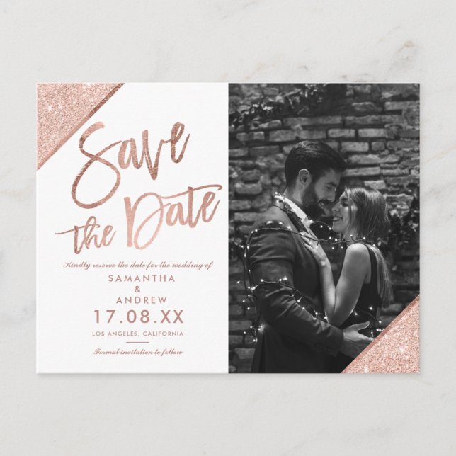 Rose gold glitter script white photo save the date postcard (Front)