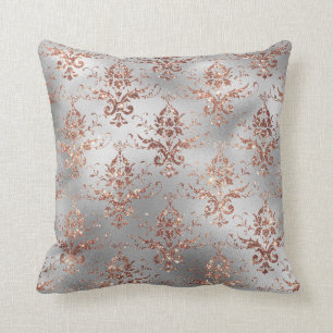 Rose Gold Glitter Scroll Work on Grey Cushion