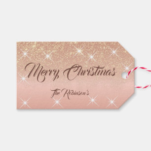 Rose Gold Glitter Shimmery Stars Custom Christmas Gift Tags