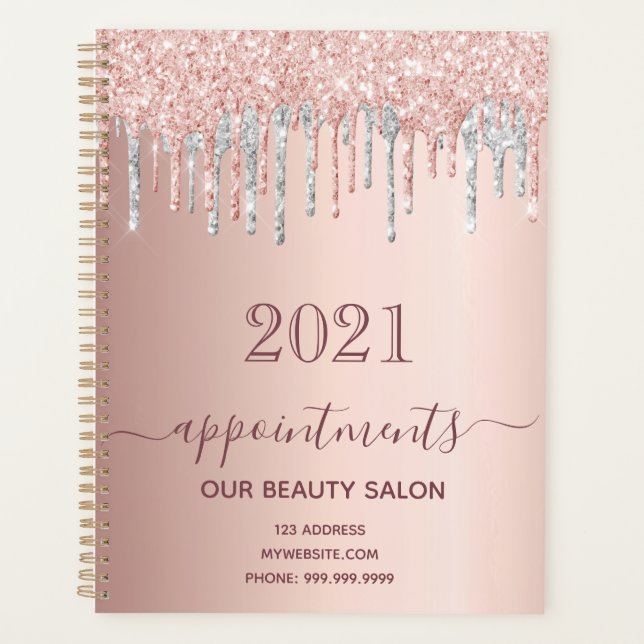 Rose gold glitter silver appointments 2026 planner (Front)