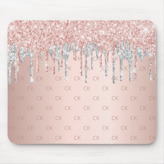 Rose gold glitter silver blush monogram initials mouse mat (Front)