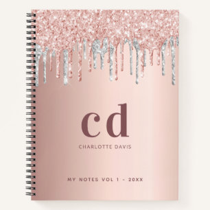 Rose gold glitter silver blush monogram initials notebook