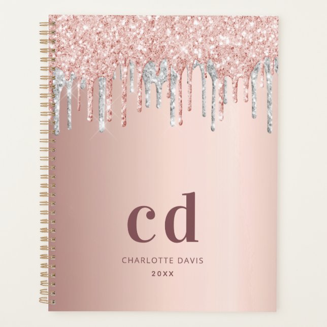 Rose gold glitter silver monogram initials planner (Front)