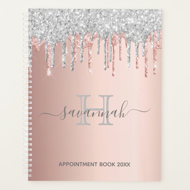 Rose gold glitter silver pink monogram 2022 planner (Front)
