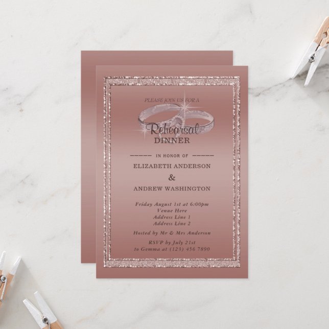 Rose Gold Glitter & Silver Rings Rehearsal Dinner  Invitation (Front/Back In Situ)