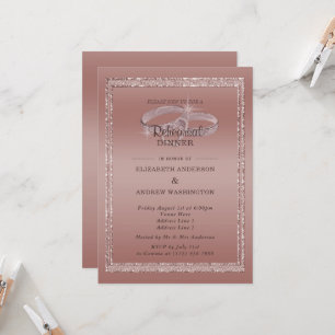 Rose Gold Glitter & Silver Rings Rehearsal Dinner  Invitation