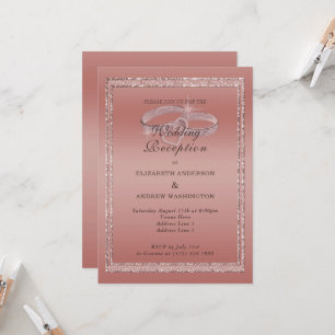 Rose Gold Glitter, Silver Rings Wedding Reception Invitation