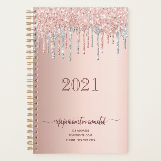 Rose gold glitter silver salon appointments 2025 planner (Front)