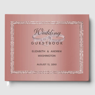 Rose Gold Glitter & Silver Wedding Rings Guest Book