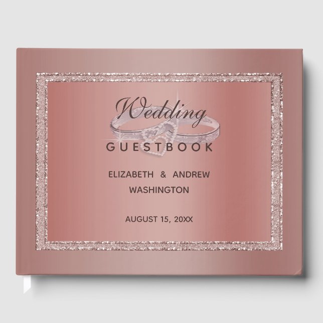 Rose Gold Glitter & Silver Wedding Rings Guest Book (Front)