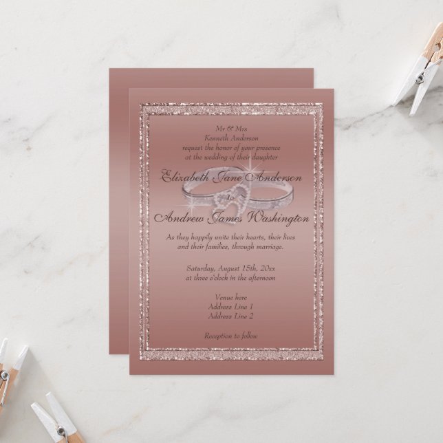 Rose Gold Glitter & Silver Wedding Rings   Invitation (Front/Back In Situ)