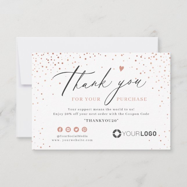 Rose gold glitter simple script business logo thank you card (Front)