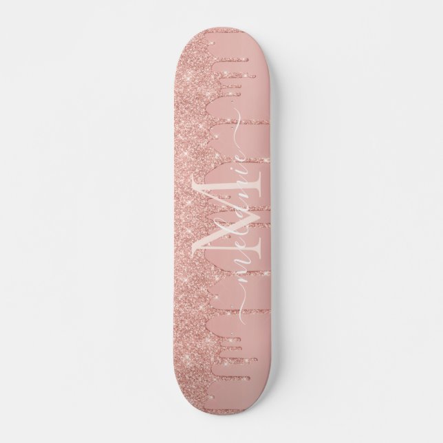 Rose Gold Glitter Skateboard Custom Name Letter (Front)