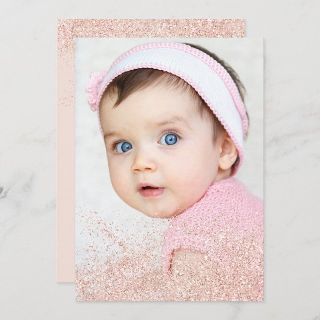 Rose gold glitter sparkle 1st birthday blush photo invitation (Front/Back)