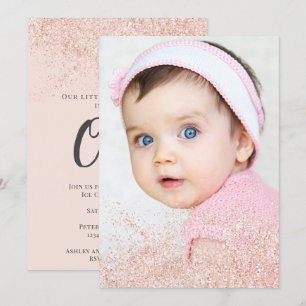 Rose gold glitter sparkle 1st birthday blush photo invitation