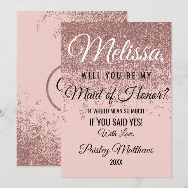 Rose Gold Glitter Sparkle Blush Pink Maid of Honou Invitation (Front/Back)
