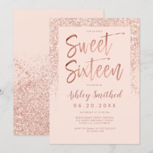Rose gold glitter sparkle blush pink sweet sixteen invitation